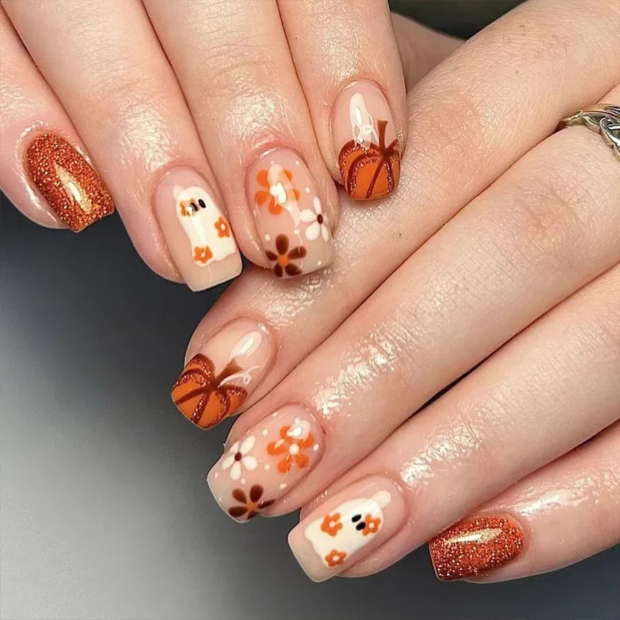 24pcs Cute Ghost Pumpkin Halloween Press-On Nails-Glossy Short Square Fake Nails with Festive False Nail for Women 240914