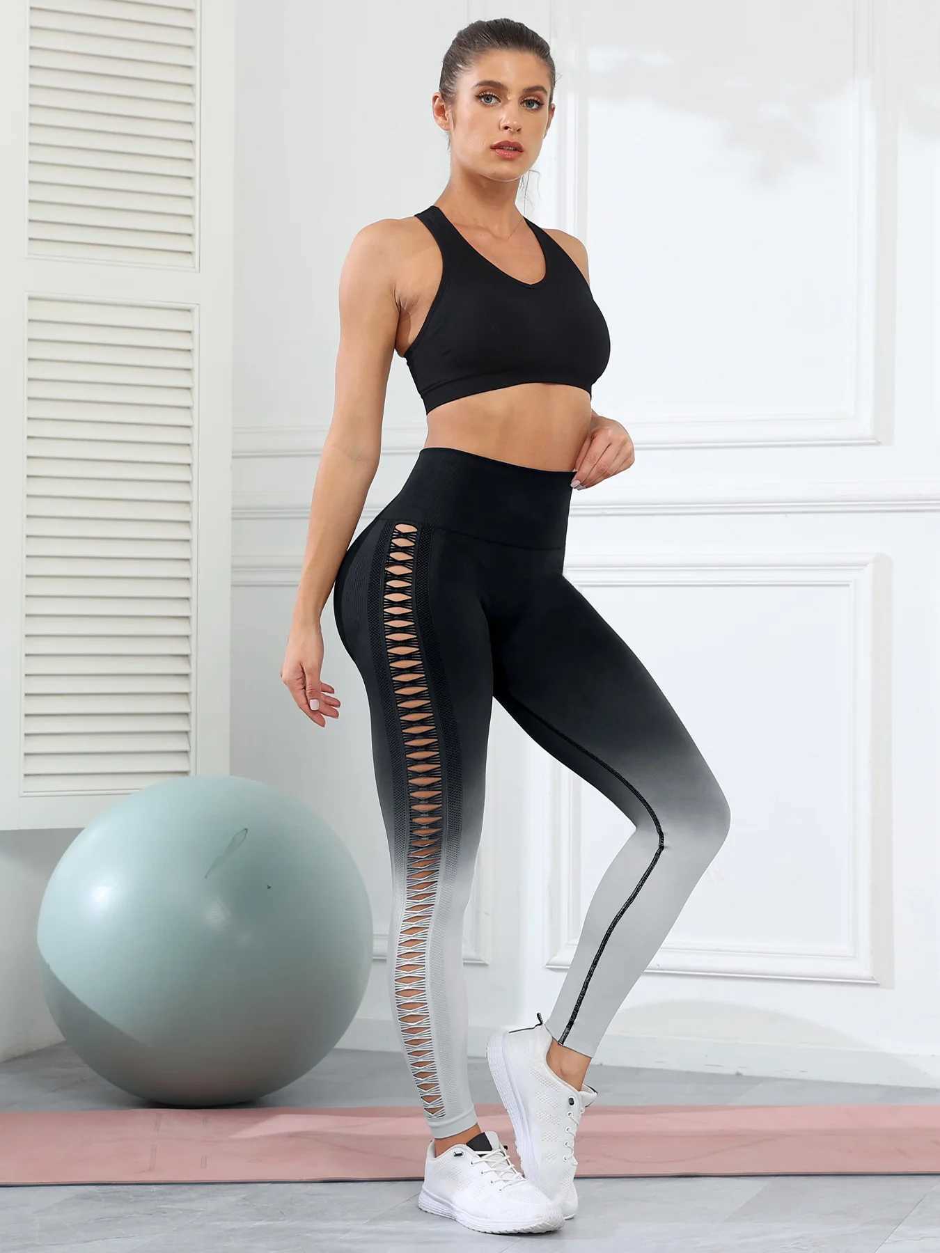 Yoga Outfit 2015 Gradient Gym Legging Womens Boots Enhance Tight Stretch High Waist Running Outdoor Hollow Pants H240921