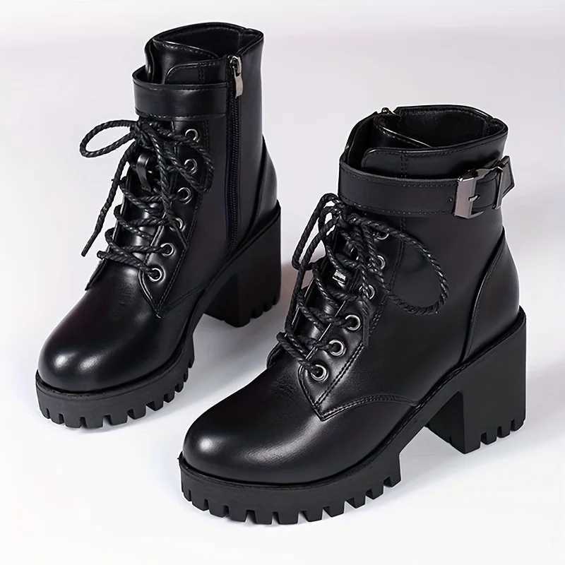2023 Womens Solid Thick High Heels Fashion Lace Upper Womens Side Zipper Boots Fashion Buckle Details Ankle Boots Z250303