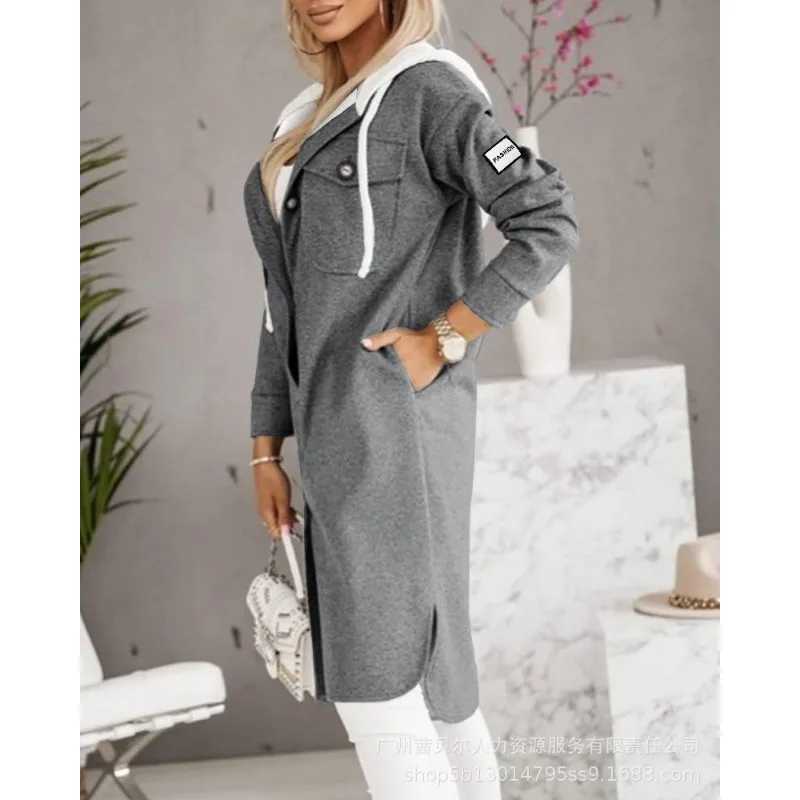 Women Loose Cardigan Split Hooded Large Coat 2023 Autumn and Winter Trench Coat Women Long Sleeve Single Breasted Pocket TrenchX240921