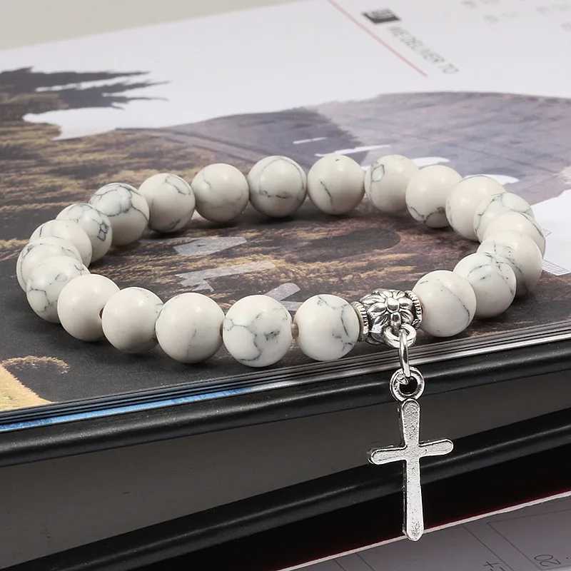 8mm Natural Lava Stone Bead Chain Alloy Cross Pendant Prayer Jesus Bracelet Bangles For Men Women Jewelry Gift Handmade PulseiraX240921