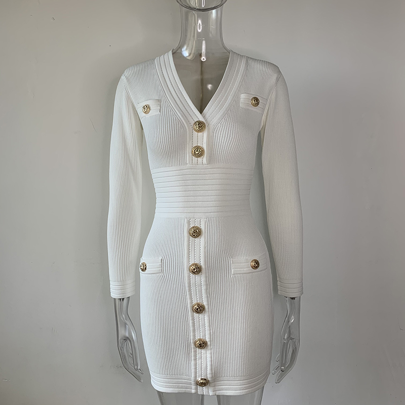 Harleyfashion New Fall Collection High Quality V-Neck Buttons Streetwear Casual White Sheath Knitted Dress