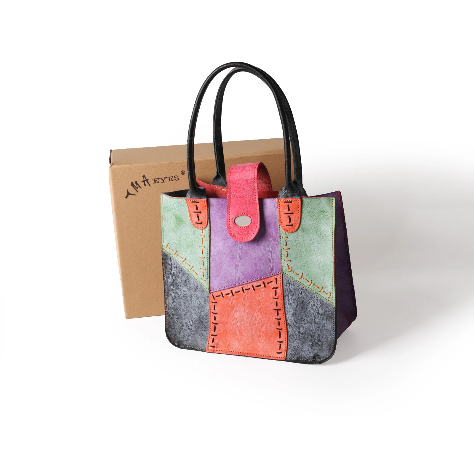 Womens Genuine Leather Bag Hand Stitching Multi Color Splicing 240919