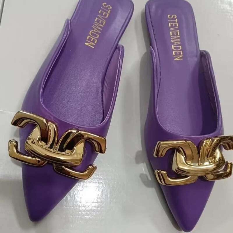 Mules Women Plus Size 42 Summer Fashion Metal Chain Flats Pointed Toe Women's Slippers Ladies Casual Shoes Outside Slides