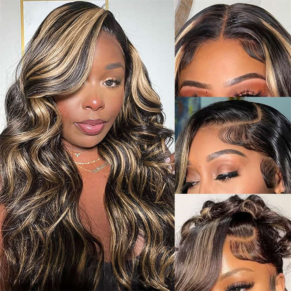 13x6 Frontal Body Wave Human Hair Wigs Blonde 27 with Black Pre Plucked 13x4 Highlight Transaprent Lace Front Wig for Women