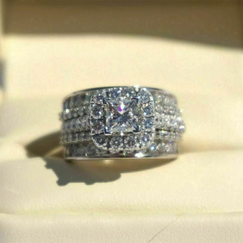 Handmade Wedding Rings: 3PCS Princess Cut White Topaz Bridal Jewelry Set