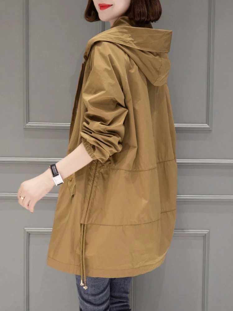 Spring Autumn New Thin Windbreaker Fashion Oversized Hooded Jacket Coat Temperament Casual Top Women Coat Trench Coat ClothesX240921