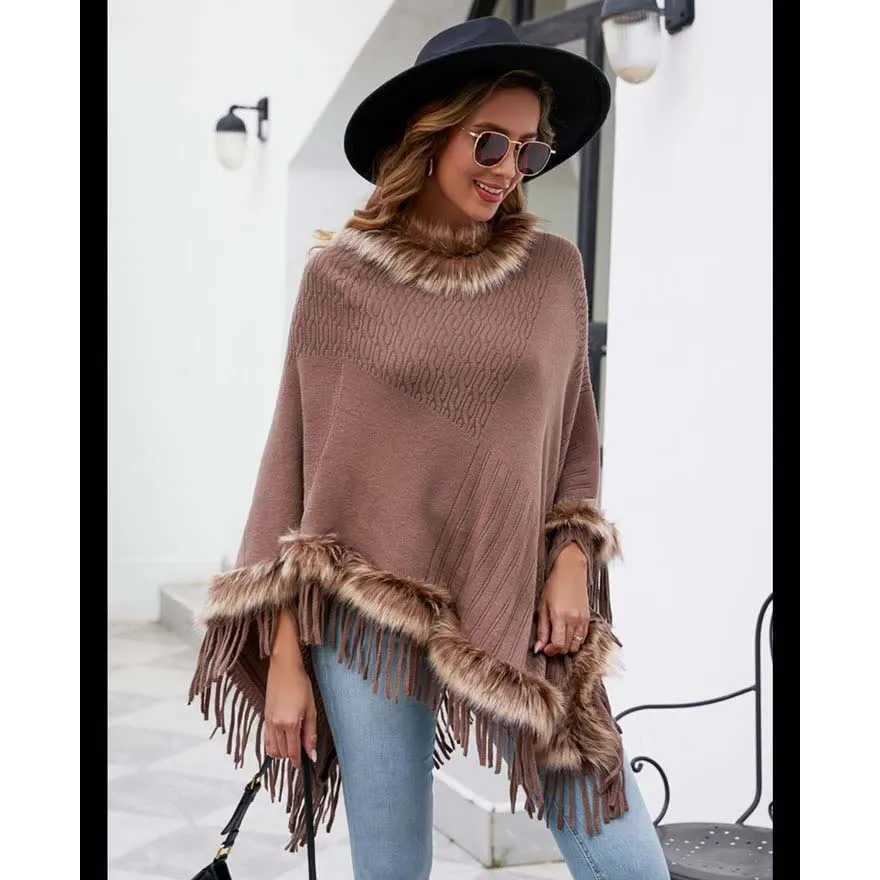 Fashionable fully decorated artificial raccoon fur with tapered corners loose and thin knitted rain cape womens spring and autumn shawl bag W240921