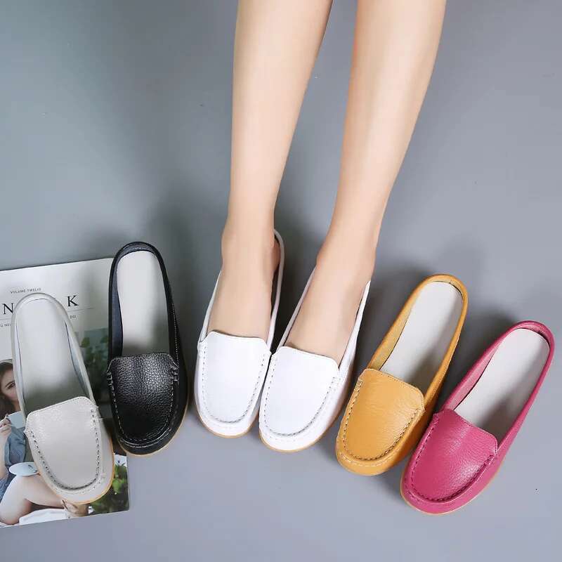 Summer Genuine Women Flats Hollow Slip On Leather Loafers Ladies Shoes Korean Style Soft Moccasins Half Slippers Size 43