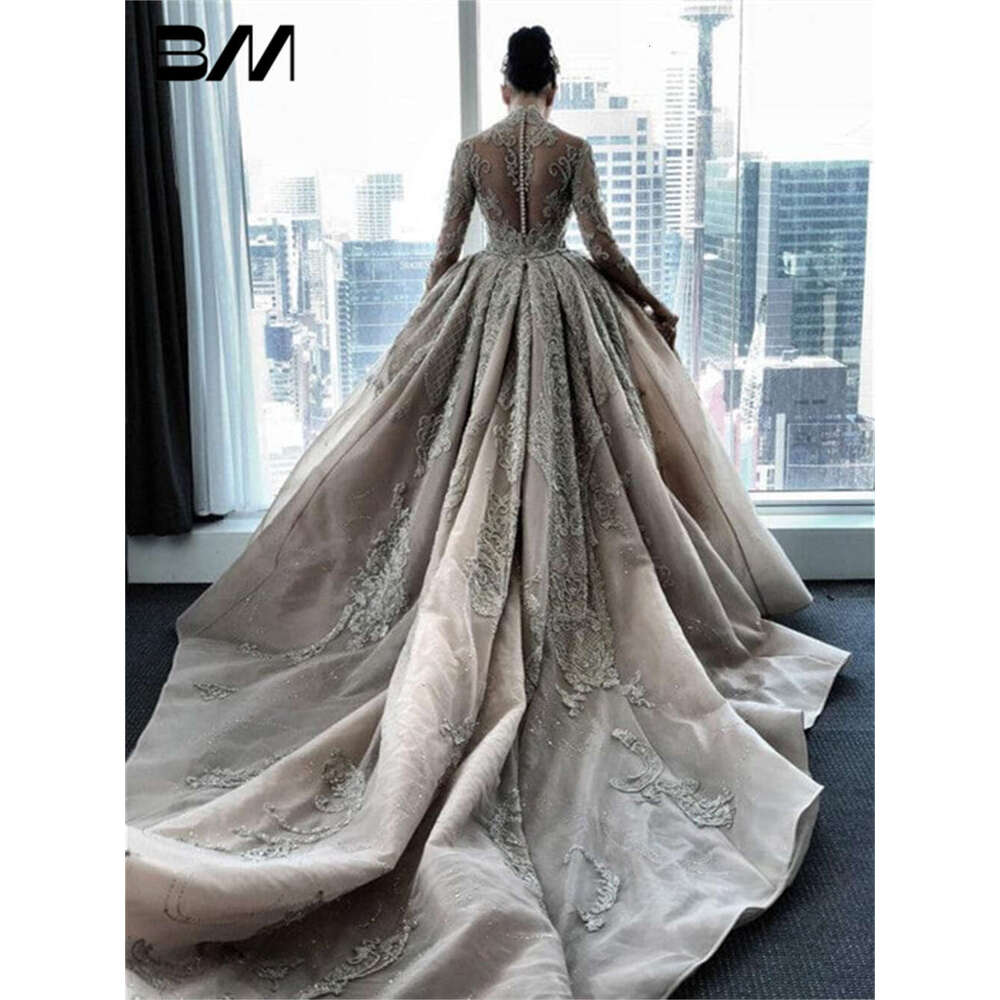 Illusion Cut-Out High Neck Arabic Wedding Dress For Women With Detachable Train Bridal Gown Two Piece Bride Dresse