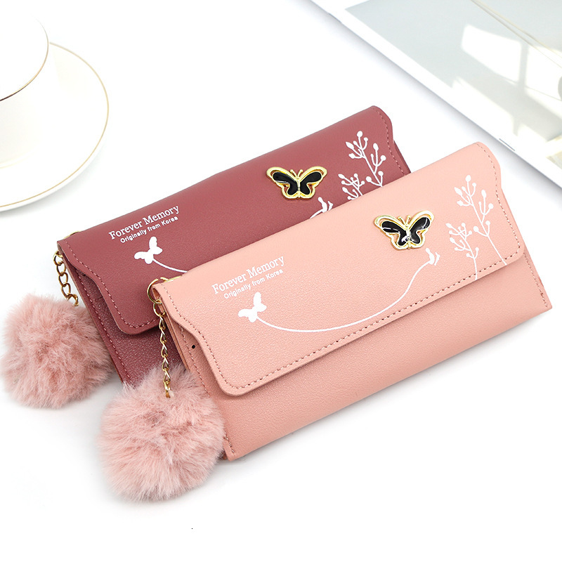 New 2024 Designer Wallet Fashion New Women's Wallet Solid Color Wool Ball Bow Handbag Women's Long Card Bag Coin Wallet Free Shipping
