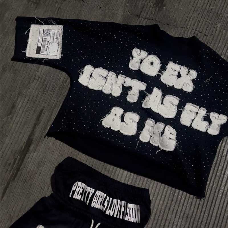 Black Fashionable Fine Flash Letter Pasting Cloth Trend T-Shirts High Street Hip Hop Style Oversized Tops Crop Short-Sleeves 240920