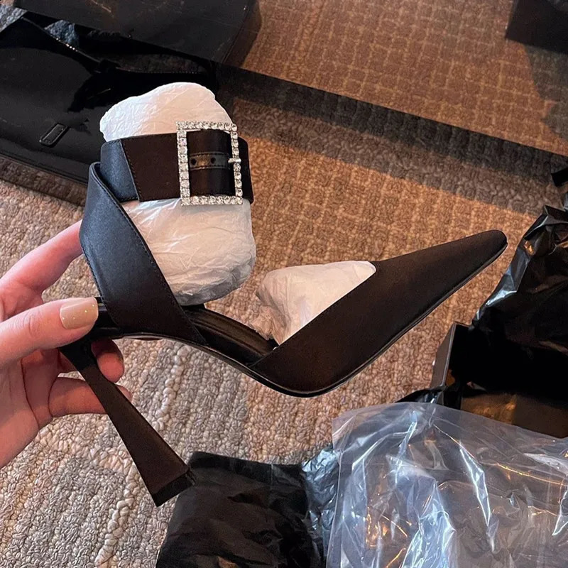 Star style satin rhinestone square buckle womens pump sexy ankle strap suspender summer high heels celebrity dance shoes 240919