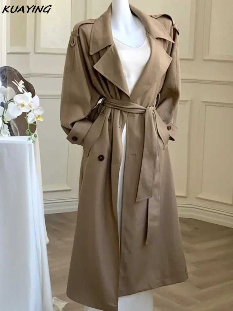Korea Solid Windbreaker with Belt Women Fashion Turn-down Collar Double Breasted Slim Waist Trench Coat Female Clothes AutumnX240921