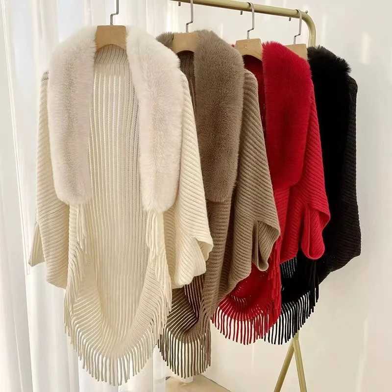 Womens Raincoat Spring Automatic Wool Knitted Artificial Fur Collar Tassel Shawl Cloak Elegant Loose High Quality Wrap Open Collar Warm Coat W240921