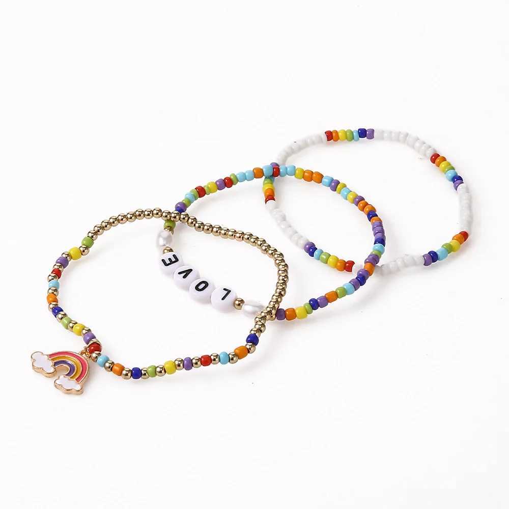 Bohemia Rainbow Charm Bracelet Set For Women Colour Rice Bead Chain Love Letter Bangle Girls Boho Jewelry GiftX240921