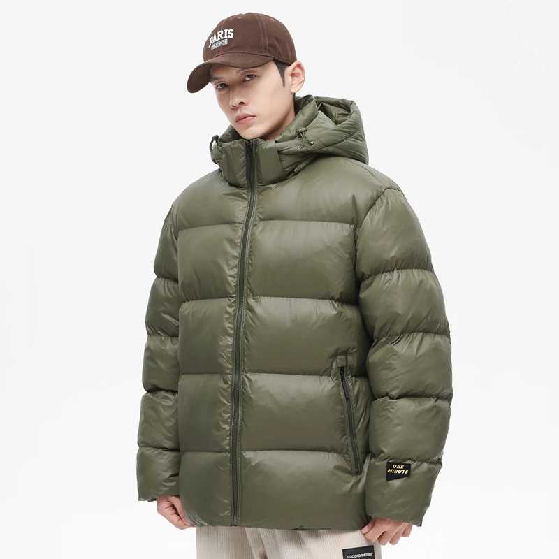 Mens hooded zipper Parkas inflatable jacket padded with cotton solid color hooded belt warm jacket mens winter jacket W240920