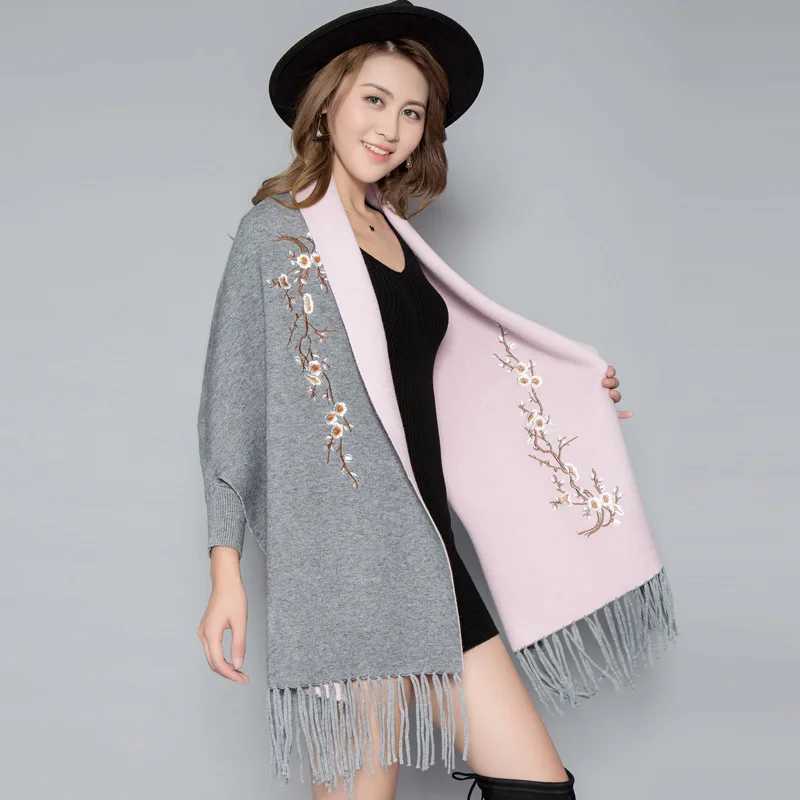 Womens Embroidered Sleeves Raincoat Shawl Dual Womens Autumn and Winter Thick Embroidered Cashmere Open Coat Womens Top Q51 W240921
