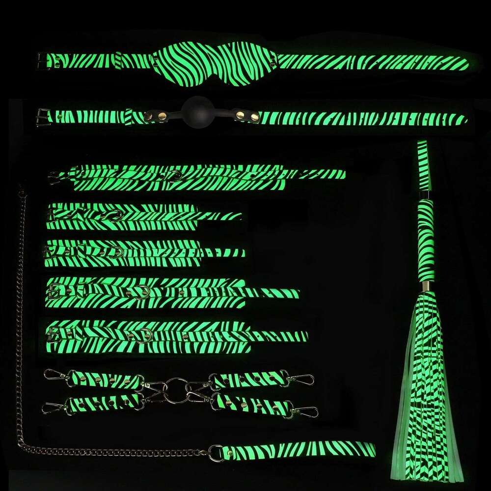 Cross border exclusive SM sex props luminous seven piece set zebra print sex handcuffs leopard print leather whips adult products