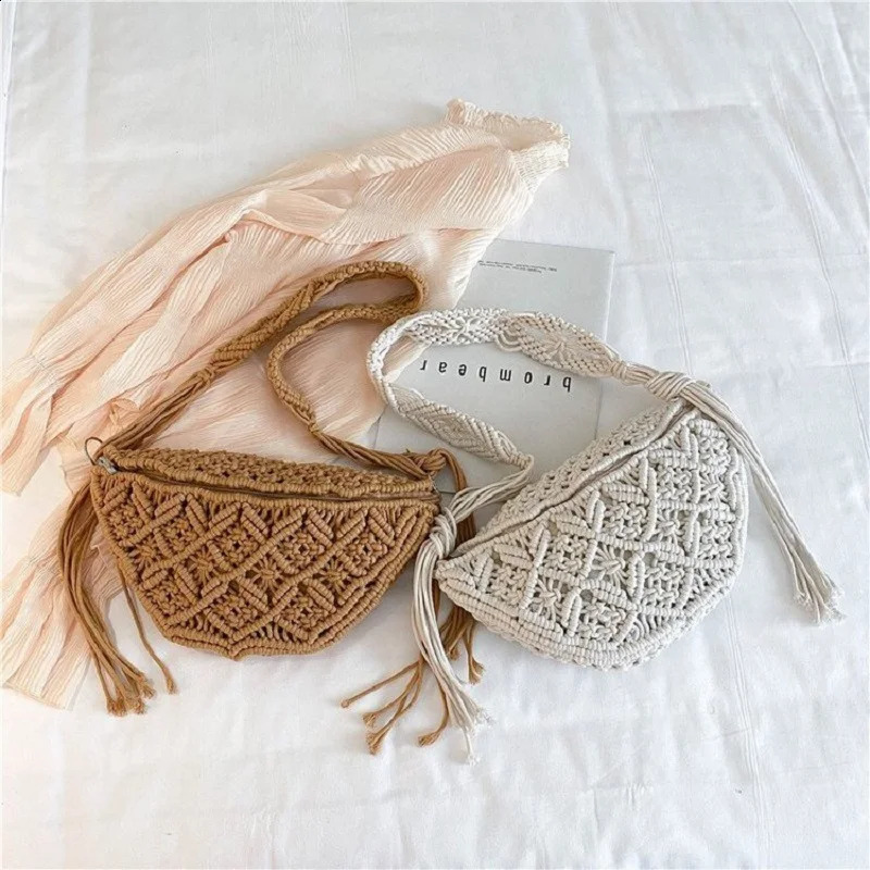 Summer Bohemia Hand Woven Beach Bag with Tassels Cotton Crochet Hollow Out Travel Tote Ethnic Style Handbags Underarm 240919