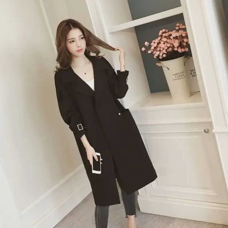 Elegant Versatile Loose-fit Black Trench Coat For Women Spring/autumn 2023 New Style Long Slimming CoatX240921