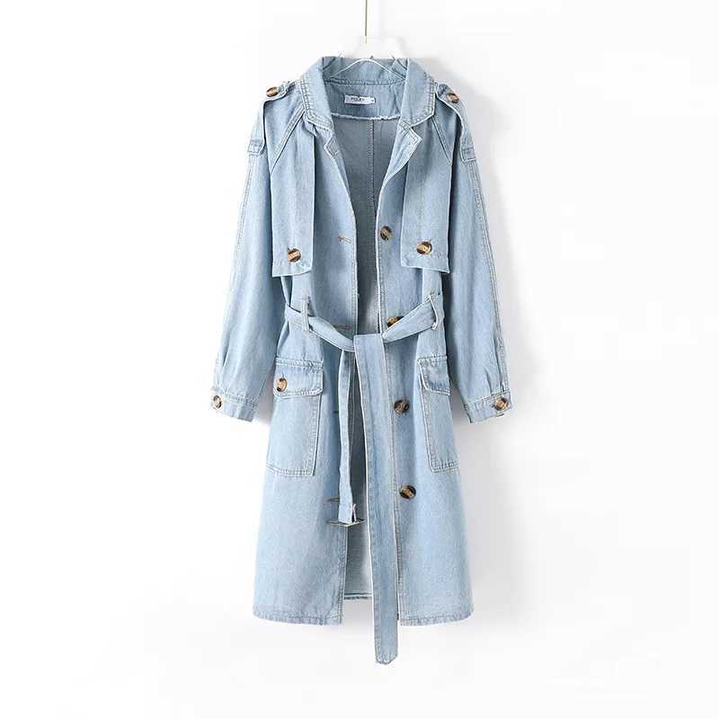 Blue Long Denim Trench Coat With Belt Womens Single Breasted Style Turn-down Collar Denim Jacket Spring Autumn Winter NewX240921