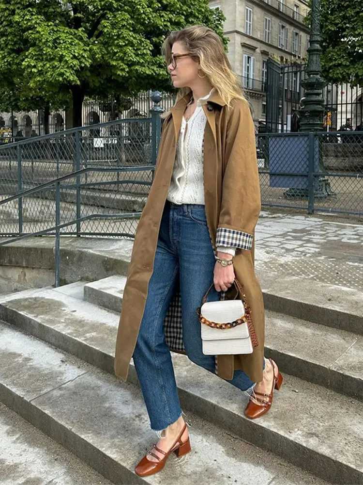 Khaki Plaid Lined Casual Lapel Long Coats Woman Fashion Single Breasted Jacket With Pocket 2024 Autumn Lady Commute WindbreaketX240921