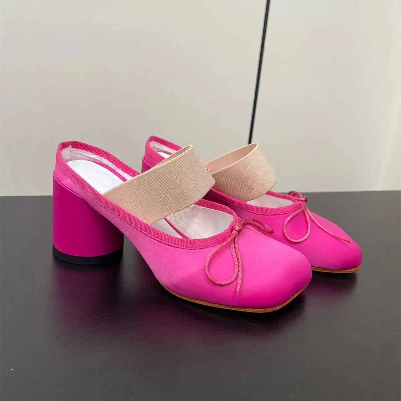 er shoes satin ribbon toe thick heel bow toe shoes womens ballet high heels backless high heels single shoes 240919