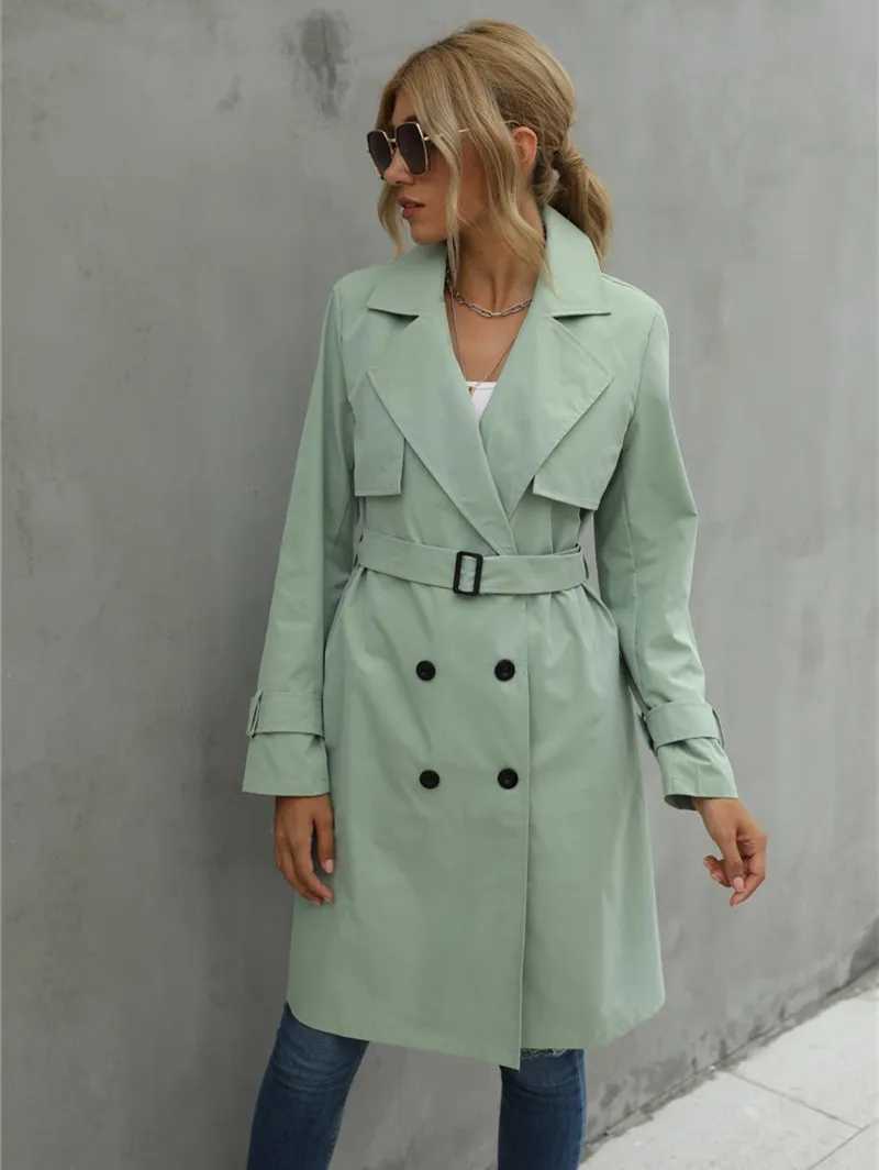 Fashion Women Trench Casual Solid Color Coat Adult Elagant Fashion Long Sleeve Lapel Neck Double Breasted Belted Coat For FemaleX240921