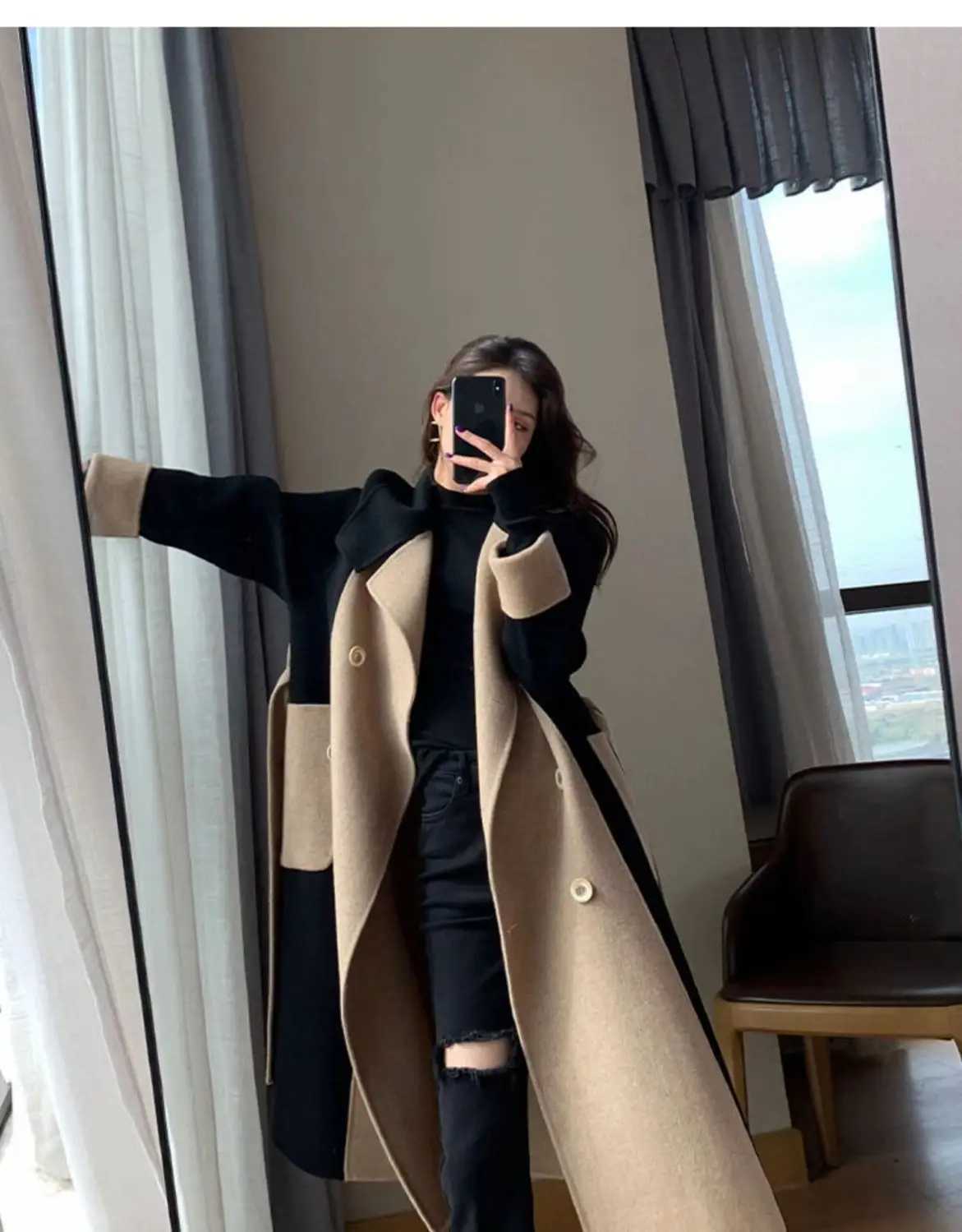 Womens Woolen Long Overcoat With Belt Spring Autumn New Double Sided Fleece Wool Color Matching Style Slim Splicing CoatX240921