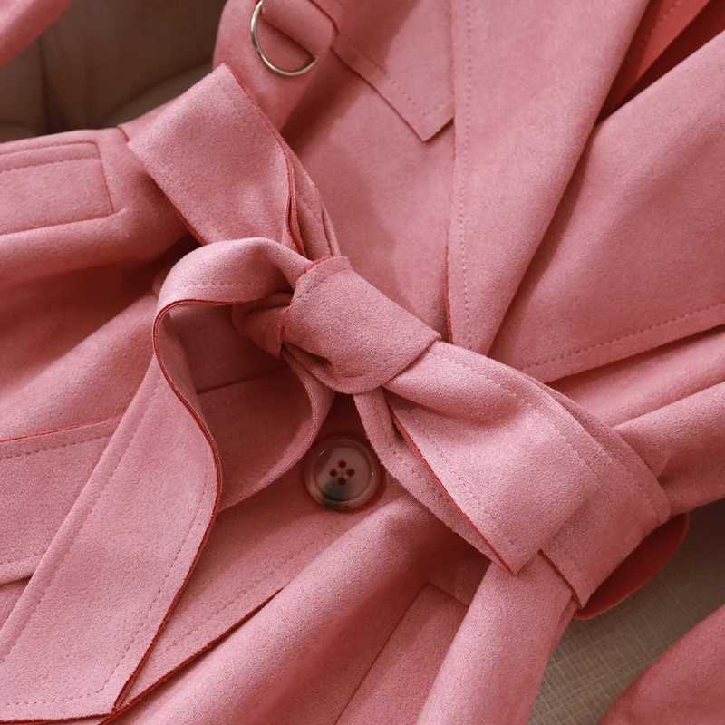 New Womens Belt windbreaker Coat Retro Korean Long Thin Chamois Suede Trench Jacket Top Female Autumn Double-Breasted OuterwearX240921