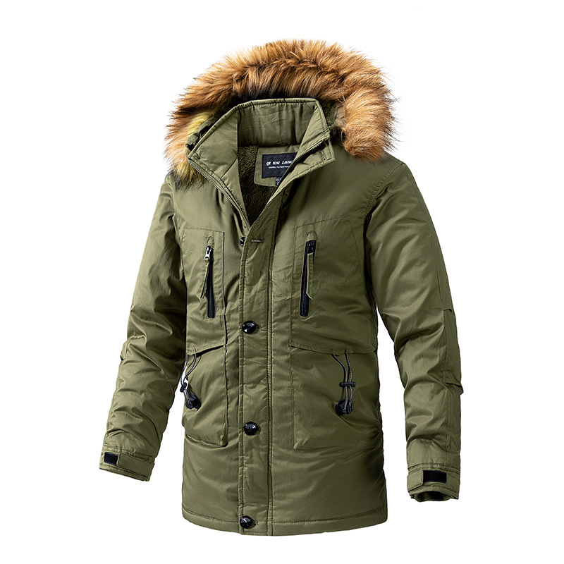 Winter New Men Warm Thick Fleece Long Parka Mens Fashion Fur Collar Windproof Detachable Hat Jacket Brand Clothing Male