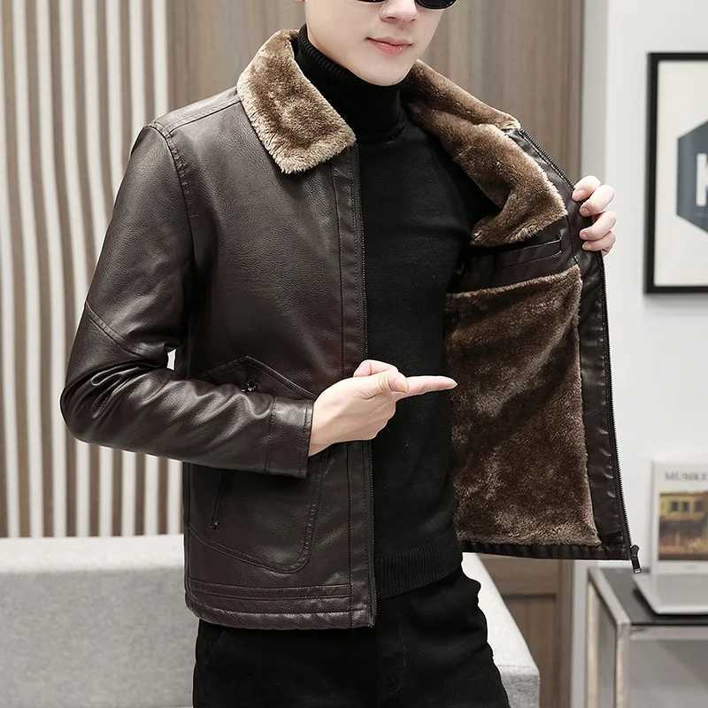 Mens thick wool Pu leather jacket mens casual fashion ultra-thin windproof jacket mens artificial fur plush coat winter velvet warm W240918