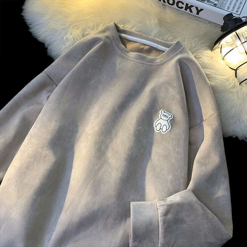 Suede Hoodie, American Long Sleeved Men's Trendy Brand Ins Base Shirt, Spring And Autumn Top, Men's Round Neck Printed Trendy