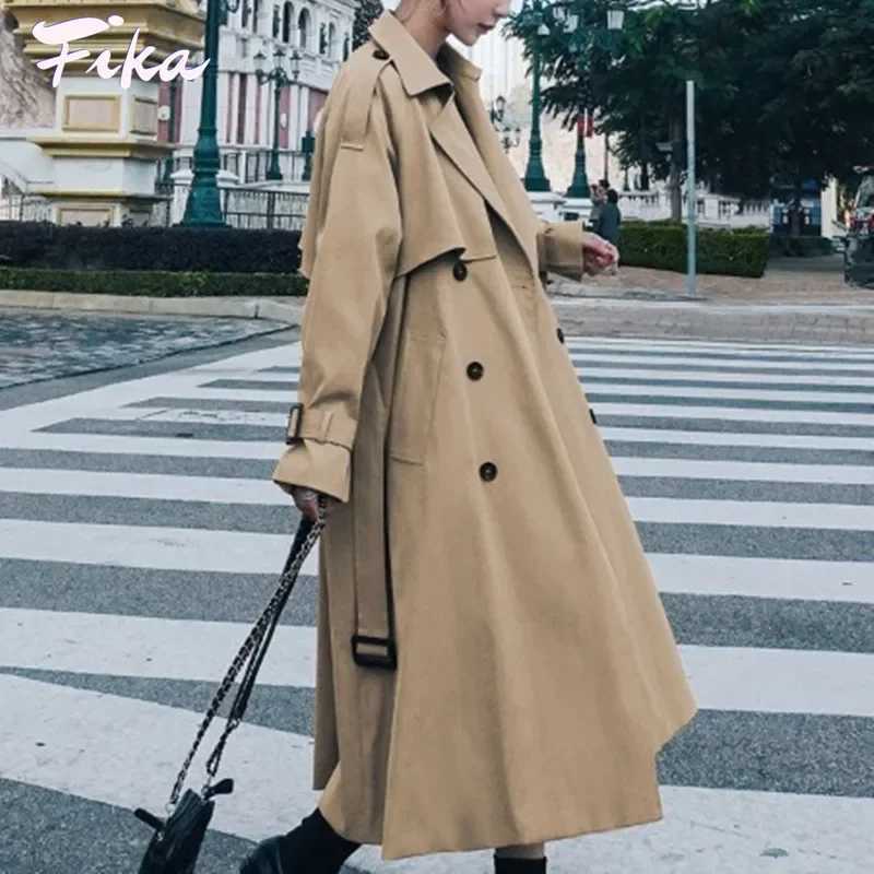 Loose Retros Double Breasted Black Khaki Windbreaker Women 2022 Autumn Fashion Design Vintage Tunic Sashes Casual Long CoatX240921