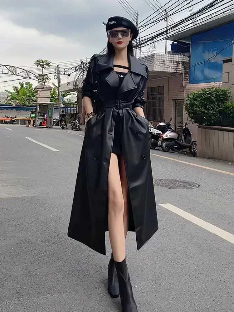 Spring Autumn Extra Long Oversized Cool Black Pu Leather Trench Coat for Women Belt Runway Fashion 2024X240921