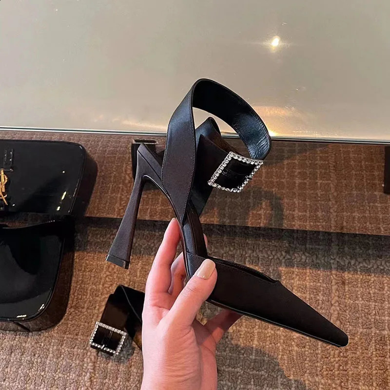 Star style satin rhinestone square buckle womens pump sexy ankle strap suspender summer high heels celebrity dance shoes 240919