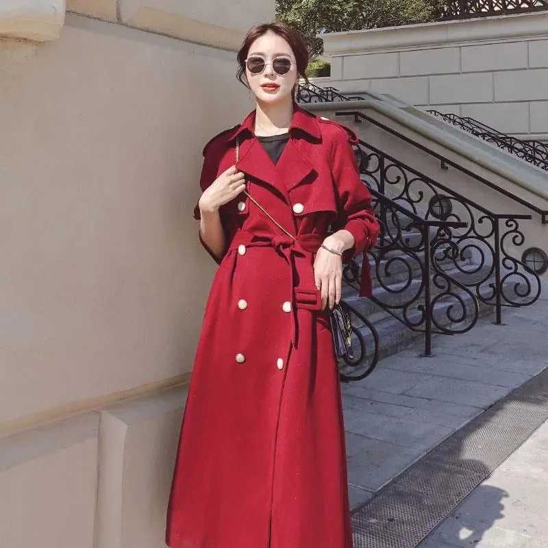 Autumn New Women Mid-Length Trench Coat With Belt Lapel Double-breasted Wine Red Black Elegant Female Windbreaker Windproof CoatX240921