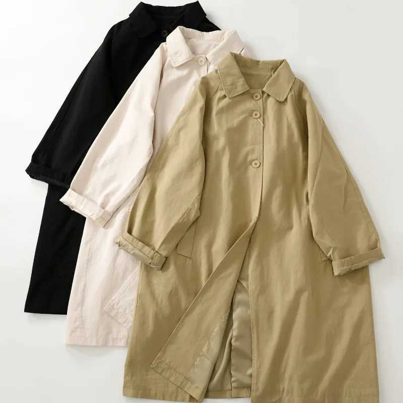 Retro Lapel Medium-length Trench Coat for Women Single-breasted Loose Casual Windbreaker Black Khaki Green Outerwear Jacket TopsX240921