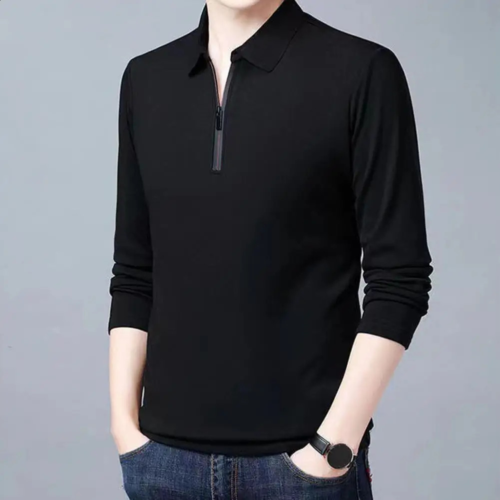 Fashion Men Business Shirt Lapel Zipper Neckline Long Sleeve Pullover Tops Spring Autumn Slim Fit Work T-shirt 240914