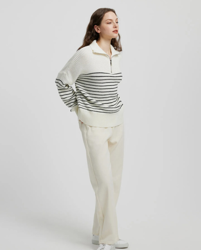 2024 Autumn/Winter New Women's High Collar Striped Color blocked Long Sleeve Zipper Pullover Knitted Sweater