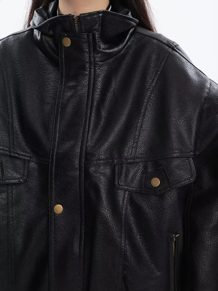 Thick black Pu leather jacket for womens bomber in spring and autumn oversized windproof zipper er motorcycle unisex 240921