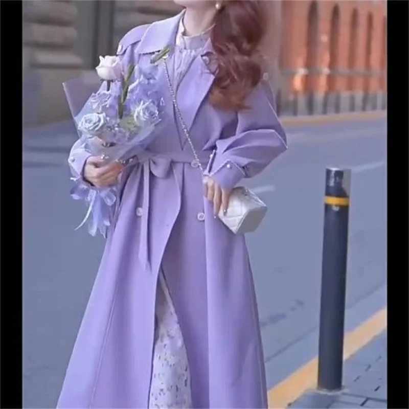 Womens purple Spring and Autumn Windbreaker Coat NEW Korean Versatile Trench Jacket Mid length Double breasted Outwear FemaleX240921