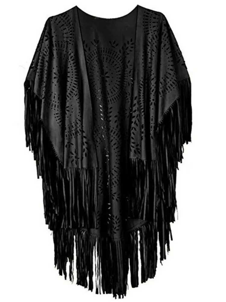 2023 new camel suede flower hollow edge tassel shawl womens retro bohemian shawl raincoat beach cardigan bohemian cape W240921