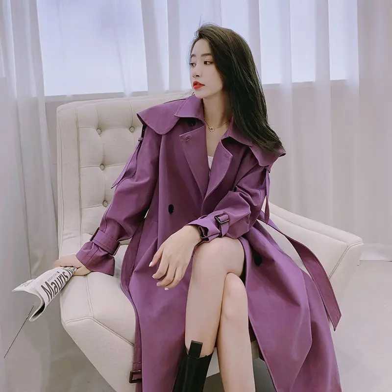 Purple Womens Windbreaker Baggy 2024 Spring Autumn New in Outerwears England Style Mantle Trenchcoat Long Jackets Lace Up CoatsX240921