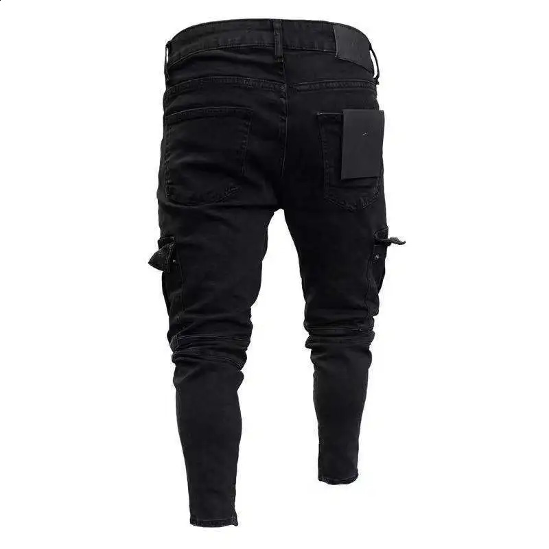 Mens Stretch Jeans Black Big Side Pockets Cargo Jeans Fashion Zipper Small Foot Denim Pants Elastic Jogging Trousers Streetwear 240921