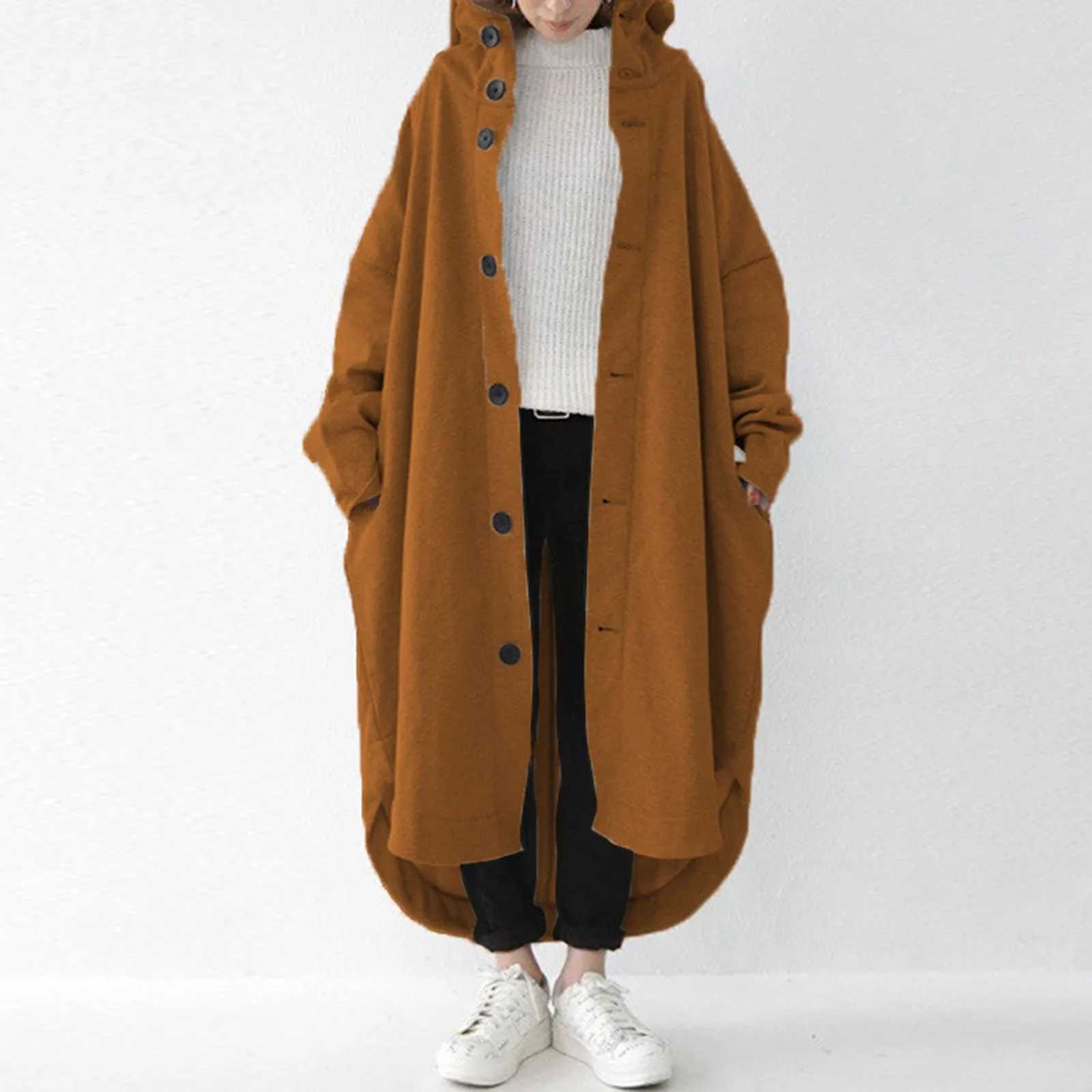 2024 Autumn Casual Korean Style Trench Coat Fashion Hooded Medium Long Overcoat Loose Windproof Women Solid Color Pocket CoatX240921