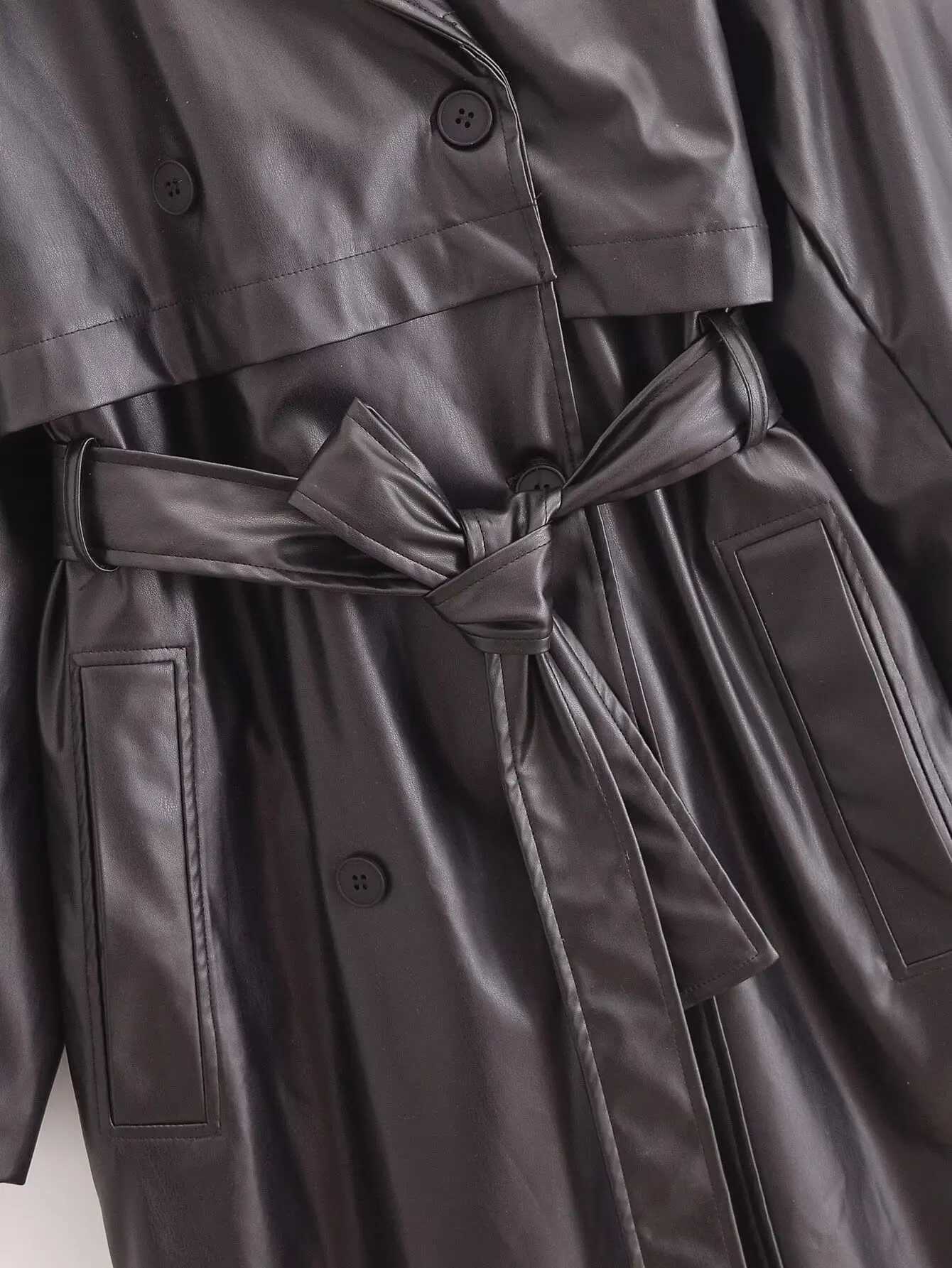 Y2K TRAF PU Leather Women Long Trench Coat 2024 Winter Chic Double-breasted with Belts Loose Windbreaker Outerwear Lady TrenchX240921