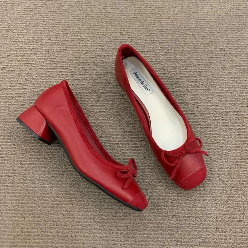 Fashion Elegant Red Ballerinas Women Pumps Slip on Loafers Round Toe Square Heels Bowknot Casual Spring Autumn Low Heel Shoes 240921