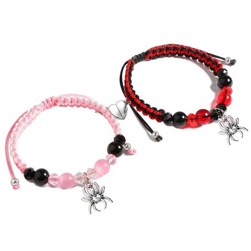 KMVEXO Spider Kitty Charm Bracelets Rope Heart Magnetic Matching Bracelets for Couples Crystal Beaded Bracelet Halloween JewelryX240921